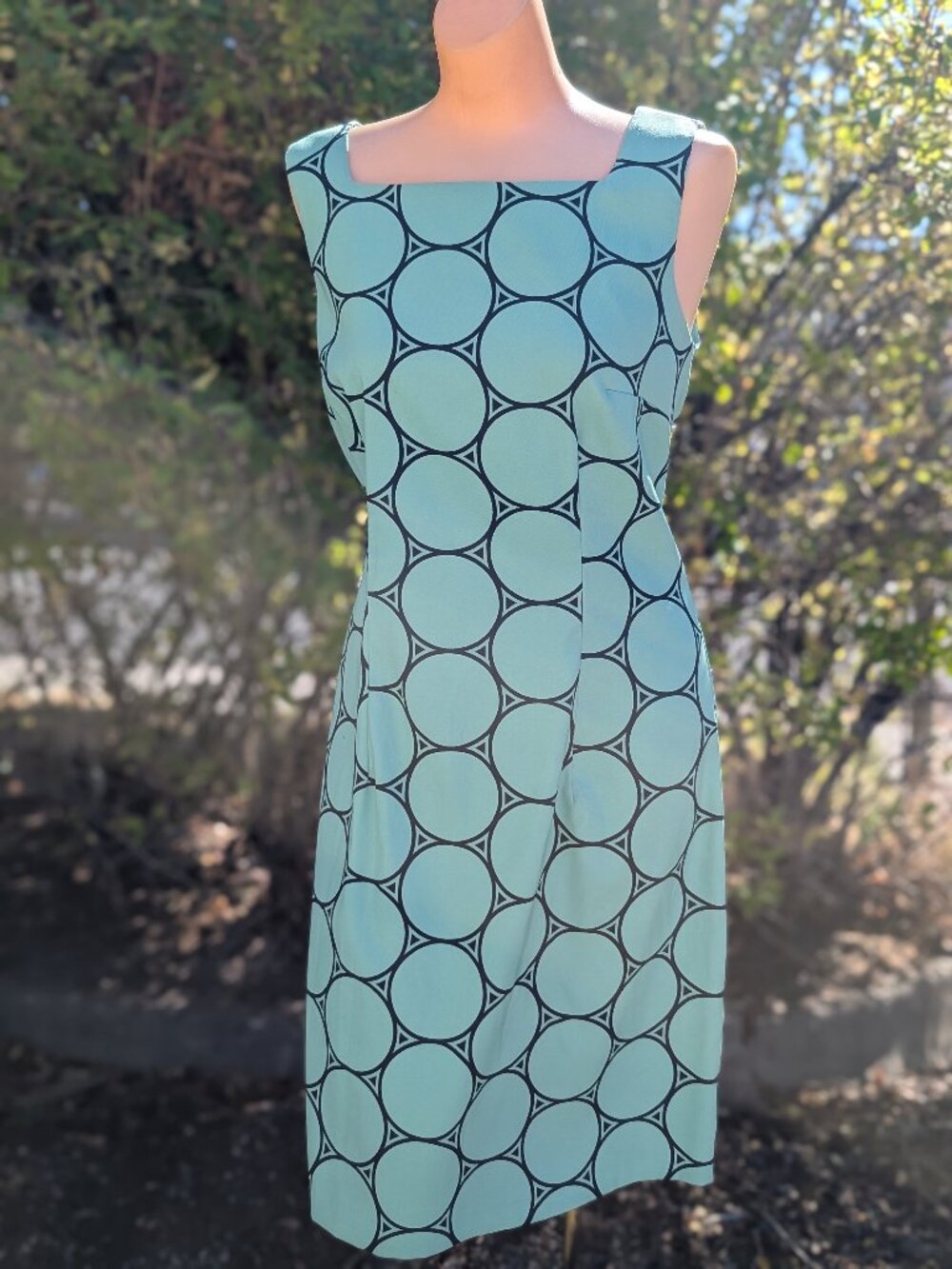 Dressbarn Aqua Black Geometric Dress Retro Mod 60s Inspired Square Neck 14 Offic